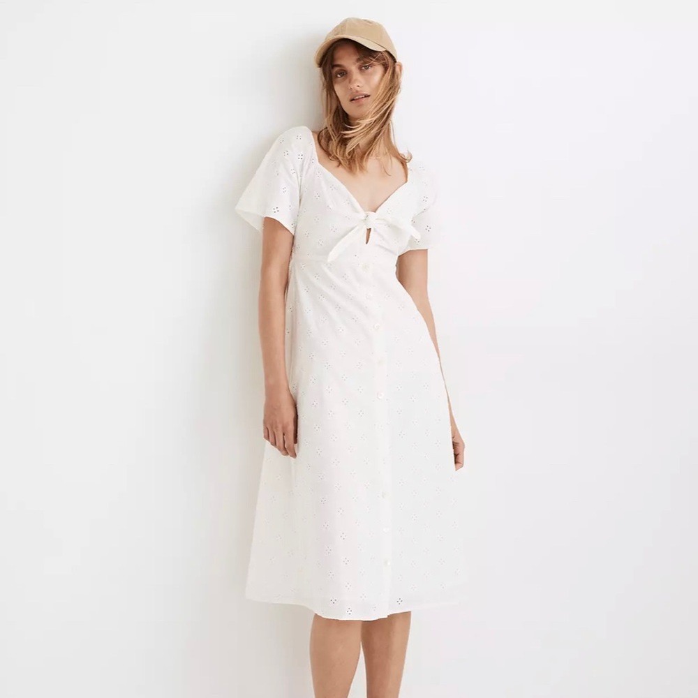 Madewell White Eyelet Tie-Front Midi Dress